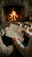 Person in cream knit sweater holding vintage map by fireplace with hot beverages, cozy winter travel planning scene for lifestyle and adventure content.