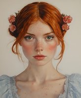 Young redhead woman with freckles and green eyes wearing vintage blue dress and pink roses in hair against neutral background. Natural beauty portrait with soft lighting.