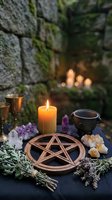Mystical altar setup with pentagram, burning candles, amethyst crystals, chalice and herbs for spiritual rituals and meditation practices.