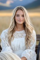 Young woman with long blonde wavy hair wearing white lace dress smiles naturally outdoors at sunset. Mountain landscape and golden field create dreamy romantic atmosphere.