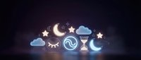Neon glowing celestial and weather icons including moon, stars, clouds, and hourglass on dark background for nighttime designs and digital projects.