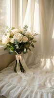 Elegant white rose bridal bouquet with eucalyptus on wedding dress by window with soft natural light for romantic ceremony celebration.