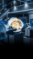 Scientist holding glowing brain hologram in modern laboratory showcasing artificial intelligence and neuroscience research technology innovation.