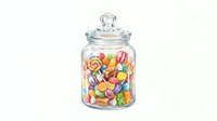 Colorful lollipops and striped candies in clear glass jar with lid, isolated on white background for confectionery, candy shop, and dessert design projects.