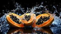 Fresh papaya halves with black seeds splashing in clear water against dark background creating dynamic motion for healthy eating and tropical fruit concepts.