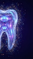 Futuristic glowing tooth with digital particles and light effects on dark blue background for dental technology and healthcare innovation concepts.