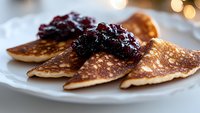Homemade golden pancakes topped with dark berry compote on white plate, soft bokeh lights in background creating cozy breakfast atmosphere.