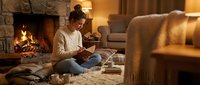 Young woman reading book by fireplace in cozy living room with warm lighting and comfortable home atmosphere for relaxation and leisure time.