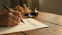 Hand writing with vintage fountain pen on parchment paper at wooden desk with dried flowers and ink bottles creating nostalgic correspondence atmosphere.