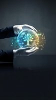 Hands holding glowing digital tree sphere with data visualization and tech interface elements for sustainable business, innovation, and environmental technology concepts.