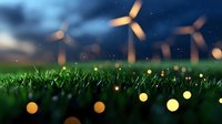Wind turbines on green field at dusk with glowing fireflies creating magical atmosphere. Sustainable energy concept with bokeh lights and evening sky background.