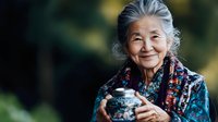 Smiling elderly Asian woman with gray hair holding decorative tea cup outdoors. Senior lifestyle portrait showing happiness and traditional culture moments.