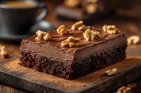 Rich chocolate brownie topped with smooth ganache frosting and scattered walnuts on rustic wooden board, dusted with cocoa powder. Coffee cup in background.