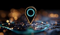 Glowing neon location pin marker on dark map with bokeh lights and digital network connections, modern navigation technology concept for business use.
