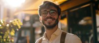 Young bearded man with glasses smiling outdoors on sunny day wearing yellow shirt and suspenders, expressing joy and confidence against blurred urban background.