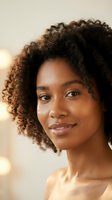 Young African American woman with natural curly hair smiling softly in warm lighting for beauty and skincare campaigns.