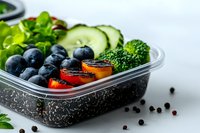 Healthy meal prep container with fresh blueberries, cucumber slices, broccoli and mixed greens for clean eating and nutritious lunch planning.