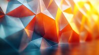 Abstract geometric background with triangular shapes in vibrant orange, yellow and blue colors creating dynamic light effects and modern polygonal pattern.