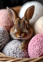 Adorable brown bunny rabbit nestled among soft pink and gray plush balls in basket, close-up portrait showing cute face and long ears against cozy background.