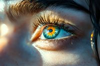 Closeup of striking turquoise eye with golden yellow iris and dark lashes on fair-skinned face, illuminated by warm sunlight for vision and beauty concepts.