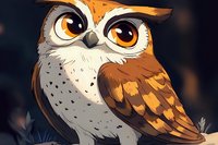 Expressive brown owl with large amber eyes and detailed feathers against dark background, stylized cartoon character design for children's books and animation projects.