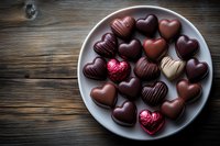 Heart shaped chocolate pralines and truffles assortment on white ceramic plate against dark rustic wooden background, romantic dessert for Valentine's day celebration.