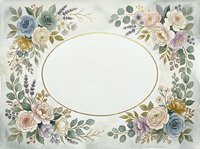 Vintage floral frame with roses, lavender, and eucalyptus leaves surrounding an oval blank space on cream background, suitable for invitations and greeting cards.