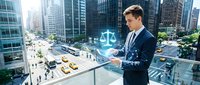 Professional businessman using digital tablet with holographic justice scales in modern city financial district for legal technology concepts.
