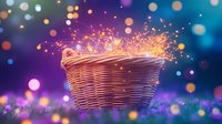 Magical woven basket with glowing sparkles and light trails against purple bokeh background, sitting on grass at twilight. Dreamy fantasy atmosphere.