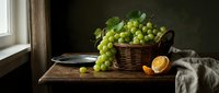 Green grapes overflowing from wicker basket on wooden table with orange slice and linen cloth, natural window light, still life composition.