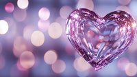 Glowing pink crystal heart shape against soft bokeh background with romantic purple and rose gold lights creating dreamy Valentine's Day atmosphere.
