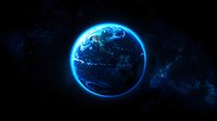 Glowing blue planet Earth in dark space with bright atmosphere effect and stars. Futuristic cosmic view of globe showing continents and oceans in night environment.