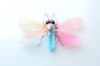 Luminescent fly with translucent wings in pastel pink and turquoise colors on light background, artistic macro photography style insect illustration.