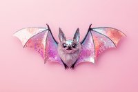 Magical galaxy bat with sparkly wings and blue crystal crown against pink background. Fantasy creature combines cosmic colors and cute features for mystical design projects.