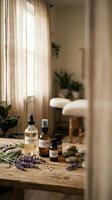 Natural spa wellness setup with essential oil bottles, lavender sprigs and smooth stones on wooden table in sunlit room for aromatherapy relaxation.