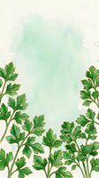 Parsley herb sprigs with green leaves arranged on soft watercolor wash background, isolated on white for culinary, cooking, and botanical design projects.