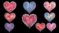 Colorful decorative hearts collection isolated on transparent background, ready for Valentine's Day clipart, stickers, t-shirt design, sublimation, and print on demand.