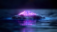 Mystical island glowing with purple energy surrounded by calm ocean waters under starry night sky creating magical fantasy landscape.
