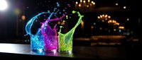 Vibrant neon cocktails splashing from colorful shot glasses on a dark bar counter with bokeh lights in the background.