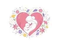 Mother and baby silhouette in pink heart surrounded by colorful flowers and decorative elements on white background for maternal care designs.