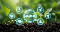 Wellness concept with green seedlings growing from soil and health icons including fitness, meditation, brain, heart symbols on natural background.