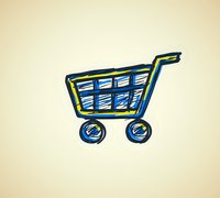Hand drawn blue and yellow shopping cart icon on light beige background, sketched with rough brush strokes for web design and e-commerce applications.