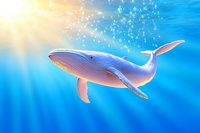 Majestic humpback whale swimming in deep blue ocean waters with sunlight rays and bubbles creating magical underwater scene for marine life designs.