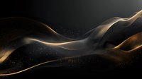 Elegant golden particle wave on dark background with glowing dots forming flowing curves and dynamic motion trails. Abstract luxury design element.