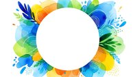 Vibrant abstract floral frame with colorful leaves and organic shapes surrounding white circular space for text or logo design.