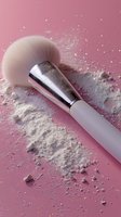 Makeup brush with loose powder and glitter scattered on pink background, creating dynamic cosmetic composition for beauty and fashion content.