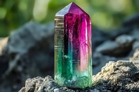 Vibrant watermelon tourmaline crystal point displaying pink and green color zones stands upright on natural stone, illuminated by soft natural light against blurred background.