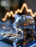 Metallic piggy bank with scattered coins against financial chart background, illuminated by warm bokeh lights, reflecting market volatility and savings concept.