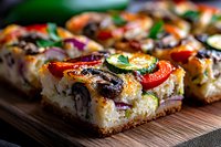 Homemade focaccia bread topped with colorful roasted vegetables, mushrooms, cherry tomatoes and fresh herbs served on wooden cutting board, close up view.