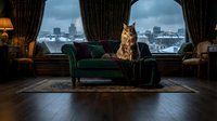 Orange tabby cat sitting on green velvet sofa in elegant living room with city view through large windows. Cozy interior design with warm lighting and curtains.